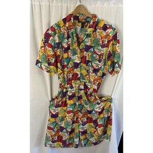 Vintage 80's Hawaiian Print Romper Colorful Aloha Button Front Shorts Medim